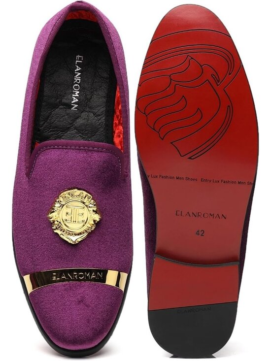 ELANROMAN Men\'s Purple Velvet Loafer Dress Gold Buckle Wedding Party Prom Shoes main image 6